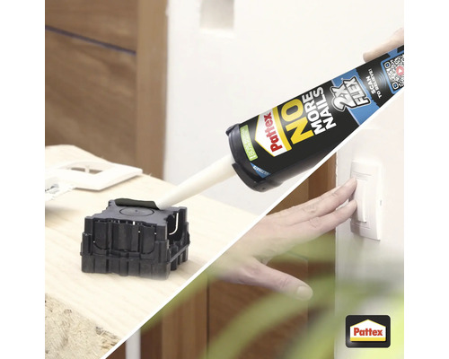 Pattex No More Nails montagelijm in gebruik met montageaccessoires en een lichtschakelaar.