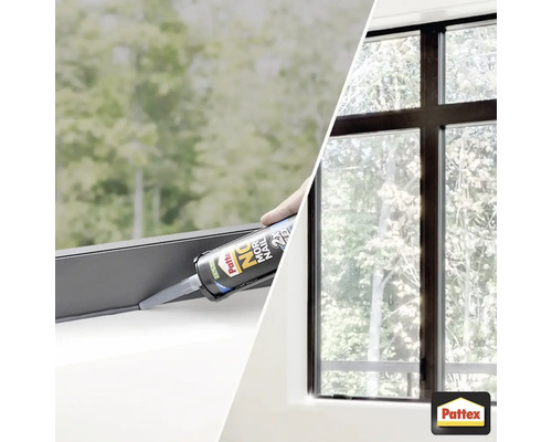 Applicatie van montagelijm op een raamkozijn, op de achtergrond een raam met uitzicht op groen