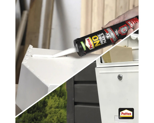 Buitenopname van een persoon die een object verlijmt met Pattex montagelijm