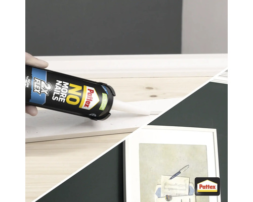 Pattex montagelijm wordt aangebracht op een stuk hout. Pattex logo in beeld.