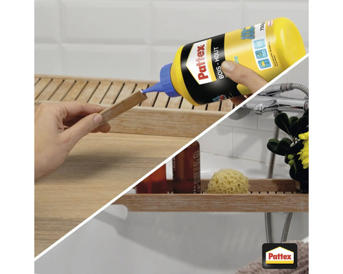 Pattex houtlijm aanbrengen op een stuk hout in de badkamer