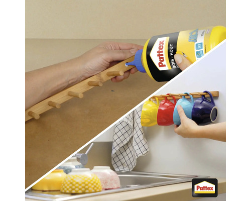 Pattex houtlijm aanbrengen op een kapstok en kopjes ophangen