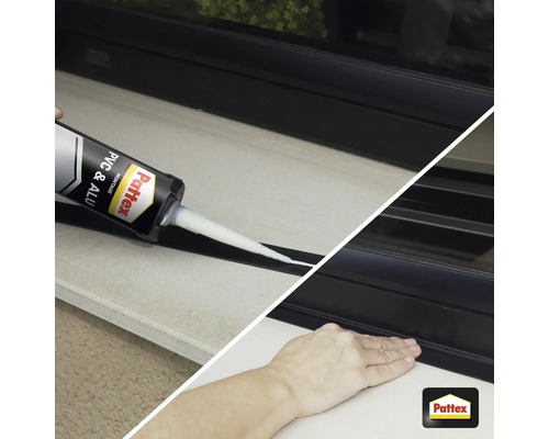 Buitenaanzicht van een raam met afdichtmiddel uit een patroon om het raam af te dichten.