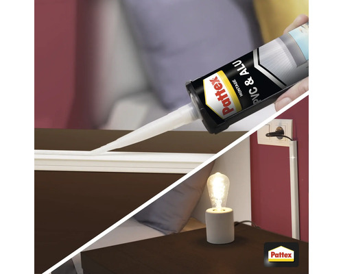 Toepassing van Pattex Montagekit PVC en aluminium voor het bevestigen van een sierlijst en een bedlamp met zichtbare gloeilamp