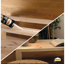Houtlijm aanbrengen uit een patroon op een houten plank met Pattex logo