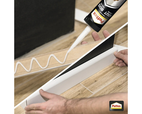 Toepassing van houtmontagelijm op een plint met Pattex montagelijm