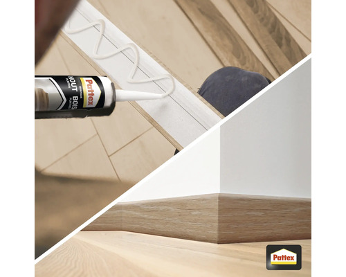 Toepassing van Pattex montagelijm voor houten plinten