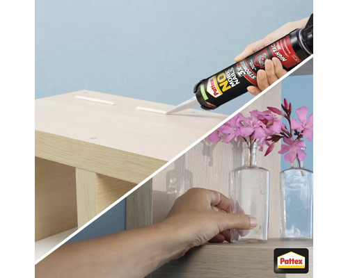 Applicatie van montagelijm op een plank, voor decoratie met bloemvazen