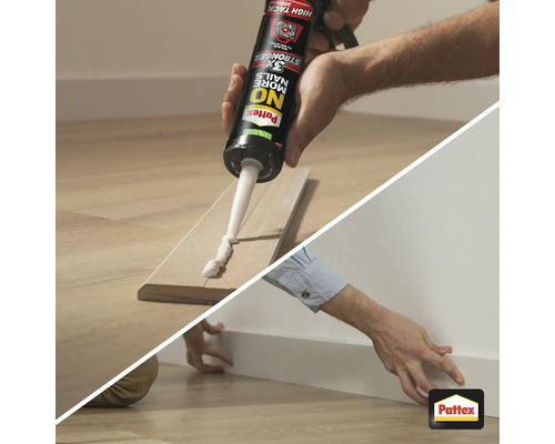 Montagekit aanbrengen op een houten lat en een plint aan een muur bevestigen met Pattex Logo