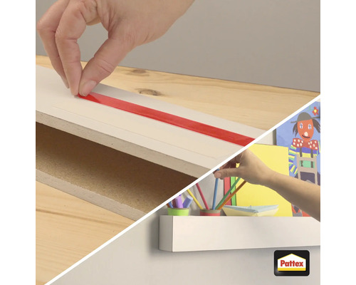 Dubbelzijdige tape aanbrengen op een houten plank om een rek met knutselspullen aan de muur te bevestigen, Pattex Logo