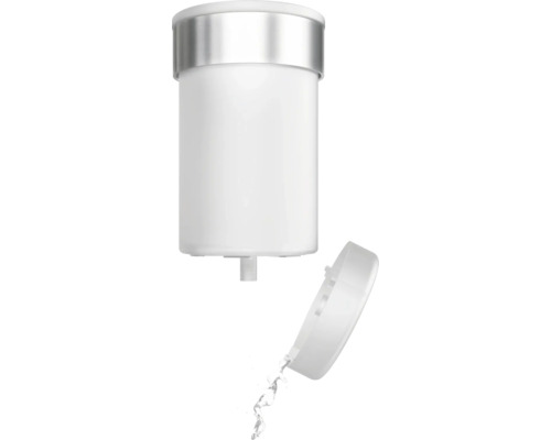 Zeepdispenser met open deksel en uitlopende vloeibare zeep