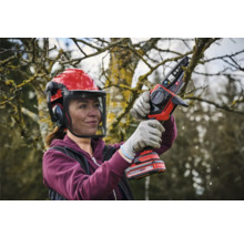 Vrouw met veiligheidshelm en accukettingzaag die een boom snoeit