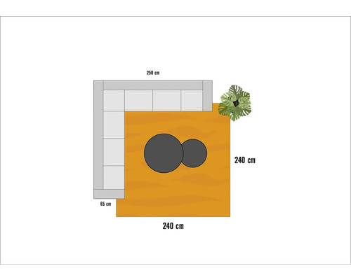 Plattegrond van een woonkamer met bank, salontafel en plant