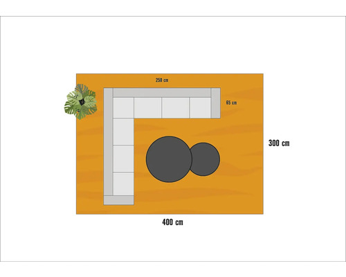 "Bovenaanzicht van een tuininrichting met een hoekbank, twee ronde tafels en een plant