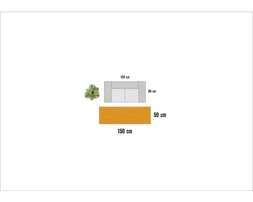 Bovenaanzicht van een zitgroep met tafel en plant, afmetingen in centimeters aangegeven