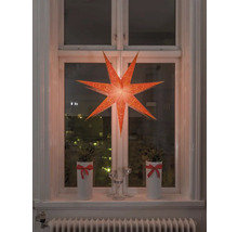 Decoratief raam met verlichte papieren ster, potplanten en kandelaars