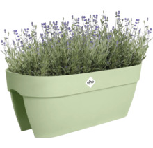 Bloembak met lavendelplanten en Elho logo