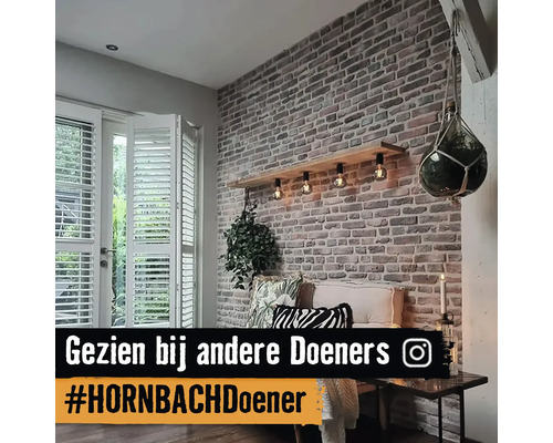 Decoratieve woonkamer met bakstenen muur, houten plank met gloeilampen en kamerplanten.