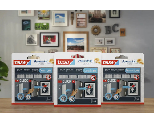 Tesa Powerstrips Click in de maten Small, Medium en Large voor het bevestigen van objecten