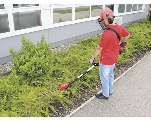 Een persoon snoeit een haag met een heggenschaar