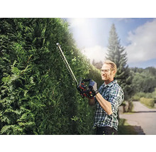 Man snoeit heg met een heggenschaar in de tuin.