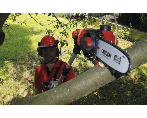 Man met veiligheidshelm snoeit tak met snoeizaag op steel