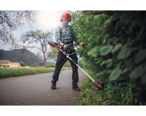 Persoon snoeit haag met accukantensnijder en beschermende kleding