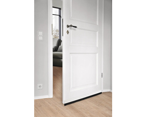 Geopende witte deur met beslag en een blik in een woonkamer