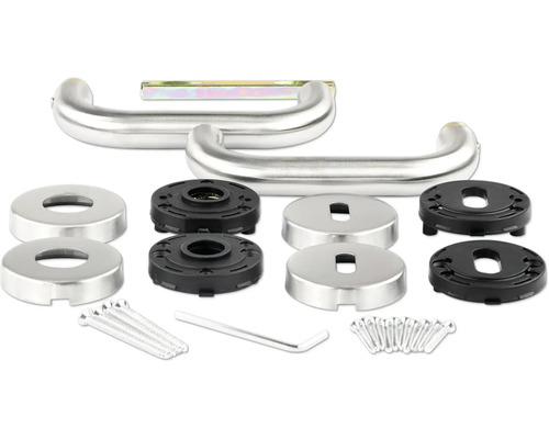 Roestvrijstalen deurklinkstel met rozetten en bevestigingsmateriaal