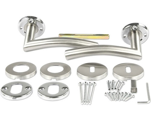 Roestvrijstalen deurklinkset met rozetten en montagemateriaal