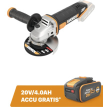 Worx accu haakse slijper 20 Volt met handgreep en slijpschijf inclusief gratis 4,0 Ampère-uur Power Share Pro accu.