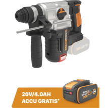 Worx Nitro accu-boorhamer 20 Volt, borstelloze motor, extra handgreep, diepteaanslag en een gratis extra 4,0 ampère-uur accu.
