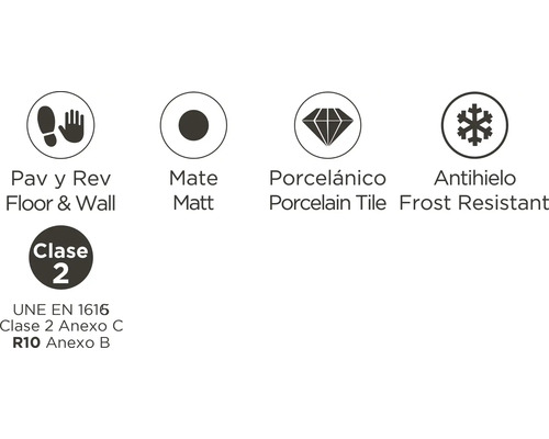 Symbool voor vloer en wand, mat, porseleinen tegel, vorstbestendig, klasse 2, UNE EN 1616 klasse 2 bijlage C, R10 bijlage B