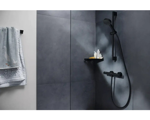 Badkamer met douche, plank en handdoek