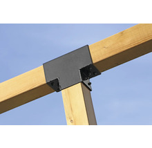 Detailopname van een T-vormige houtverbinding met schroeven.