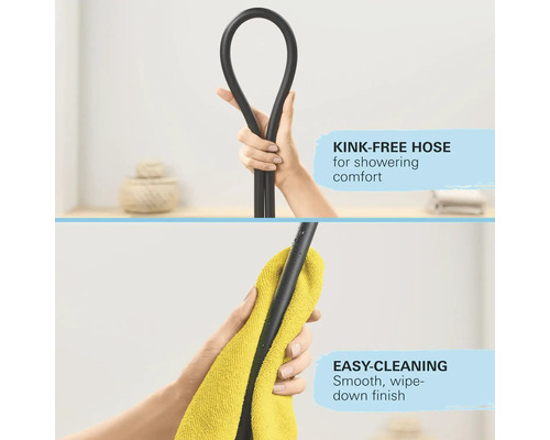 Afbeelding van een knikvrije doucheslang in de hand en een doucheslang die wordt afgeveegd met een doek.