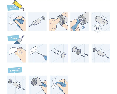 Instructies voor de montage van een badkameraccessoire met lijmen en schroeven