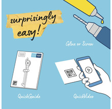 Illustratie van eenvoudige installatie met lijm, schroeven, snelgids en video-instructies.