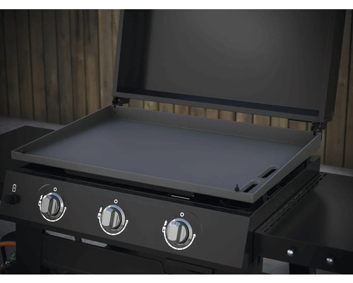 Bakplaat met drie branders en een open deksel