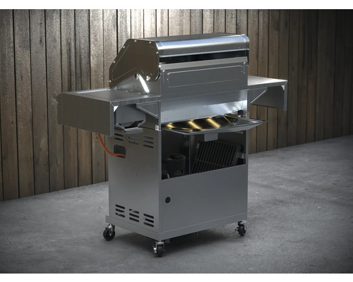 Roestvrijstalen gasbarbecue met opbergvakken en wielen