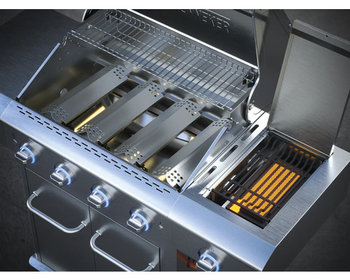 Roestvrijstalen gasbarbecue met open deksel en grillroosters