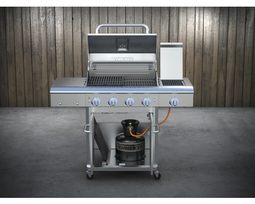 Roestvrijstalen gasbarbecue met vier branders, grillroosters en een gasfles