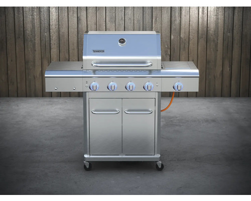 Roestvrijstalen gasbarbecue met vier branders, opbergruimte, deuren en wielen