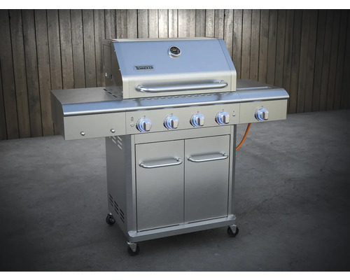 RVS grillwagen met vier branders en onderkast