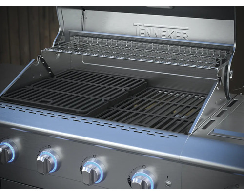 Open gasbarbecue met grillrooster en warmhoudrek