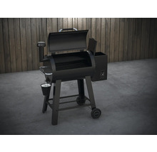 Zwarte pelletgrill met opbergruimte en wielen