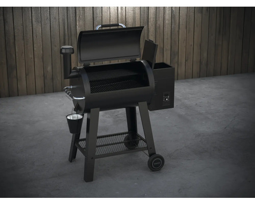 Zwarte pelletgrill met opbergruimte en wielen