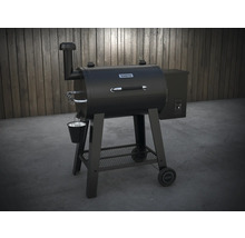 Zwarte Tenneker pelletbarbecue met rooktoren, vetopvangbak en wielen