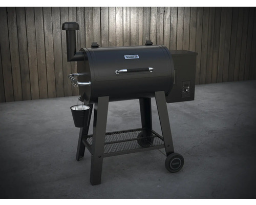 Zwarte Tenneker pelletbarbecue met rooktoren, vetopvangbak en wielen
