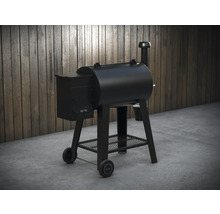 Zwarte pelletgrill met rookovenfunctie op wielen